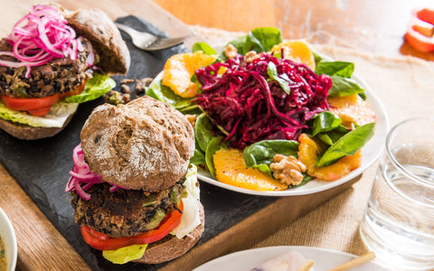 We ate this red cabbage salad with black bean burgers!