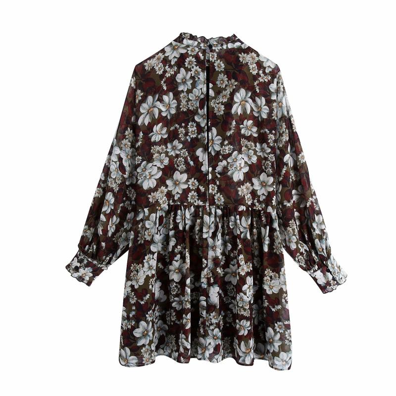 Women's 2021 New French VRetro floral print long-sleeved dress chiffon ...