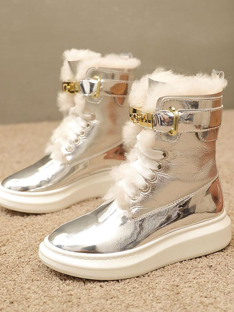 Shiny Silver Hi snow boots women's fur 