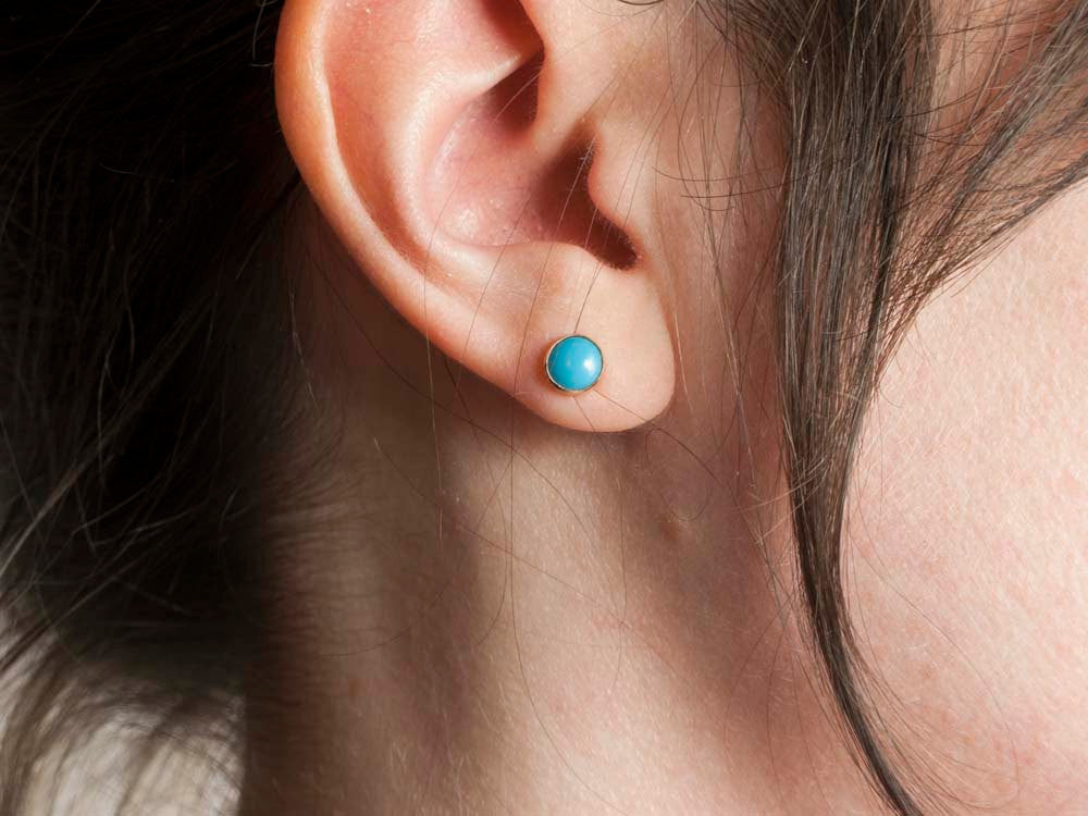 Turquoise Gold Stud Earrings - 6mm solid 14k gold settings, posts and backs