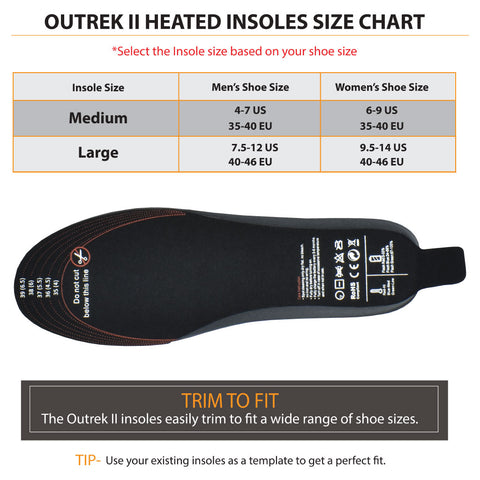 outrek 2 heated insole size chart