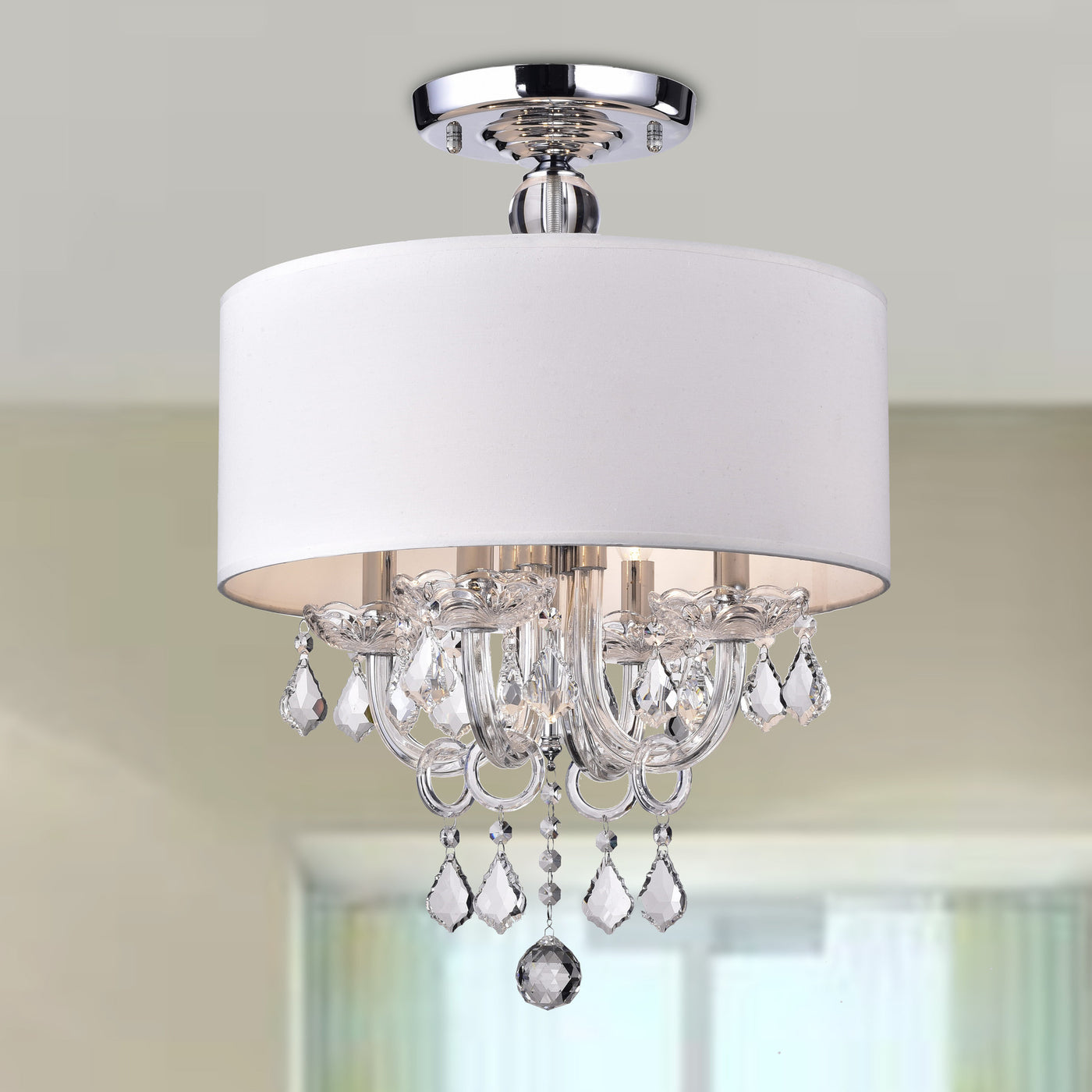 white drum chandelier with crystals