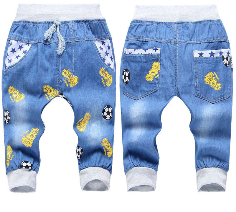 Kids Jeans Elastic Waist Straight Bear Pattern Denim Seventh Pants Ret ...