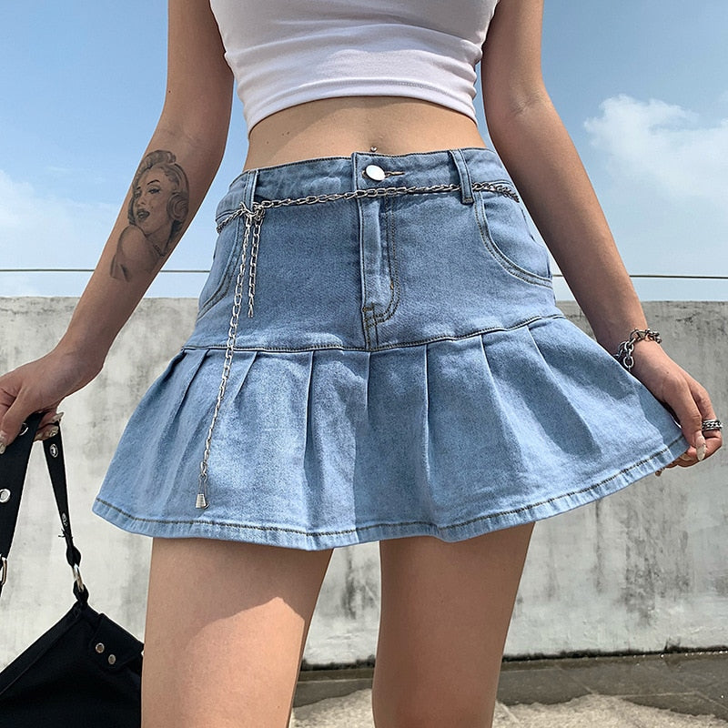 Denim Pleated Skirts Mini Solid Casual Woman Fashion Korean Style High