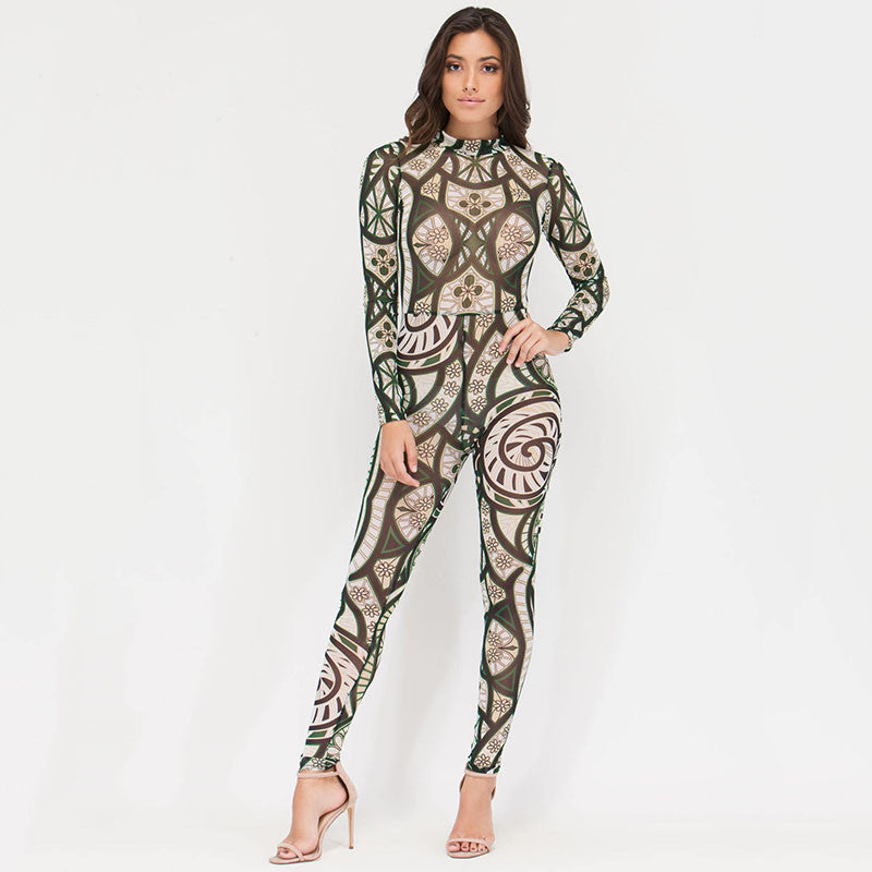 Playsuit Club Tribal Tattoo Sheer Mesh Print Jumpsuit