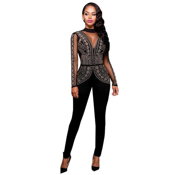 Diamonds Backless Sexy Mesh Deep V Long Sleeve Bodysuit – Celebrity ...