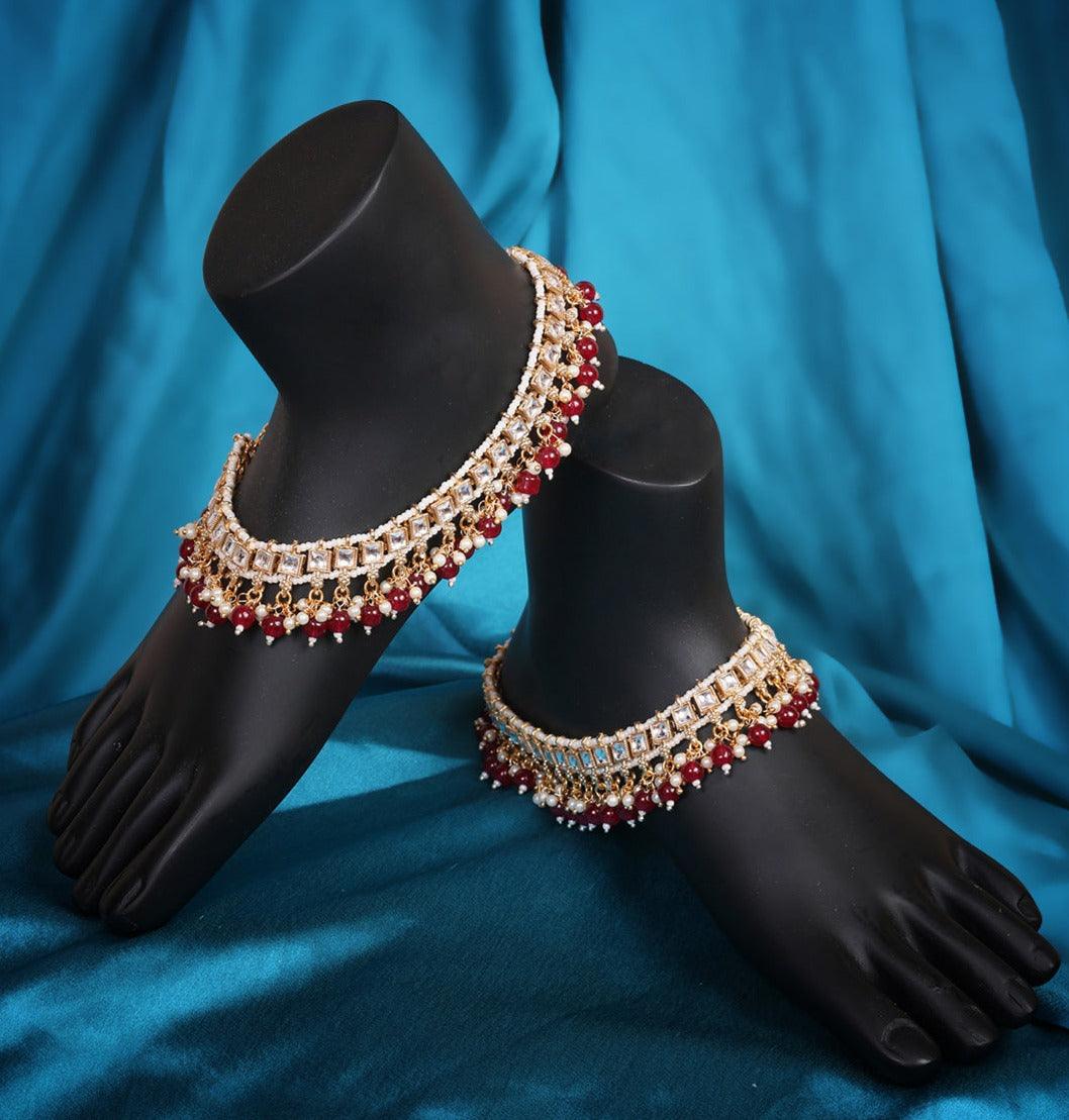 Gold Plated Kundan Payal / Anklets with Red color beads 9054N ...