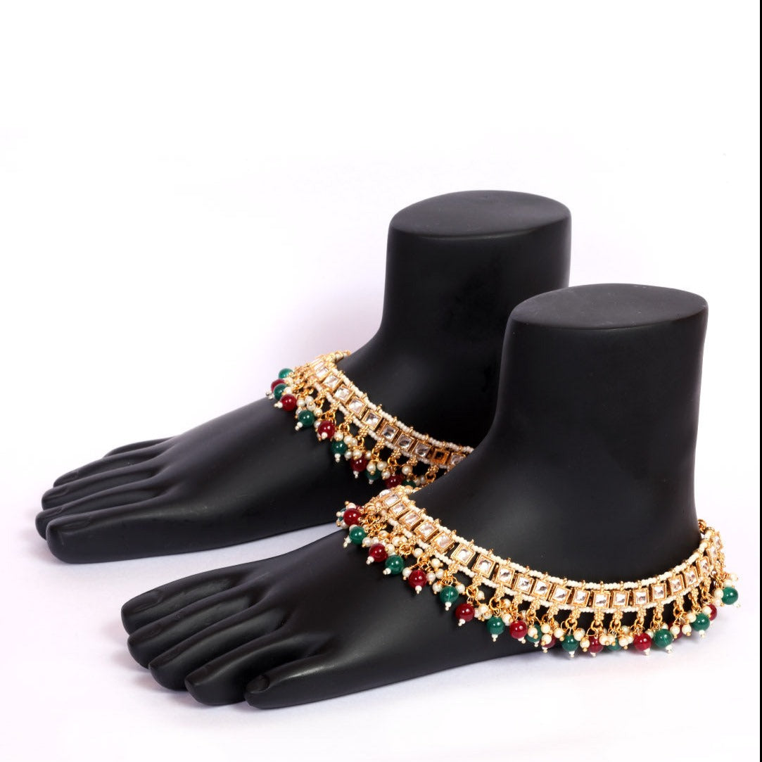 Gold Plated Kundan Payal / Anklets with multi color beads 9055N ...