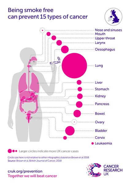 Cancer Research UK infographic that illustrates the various smoking-related diseases cause by cigarettes