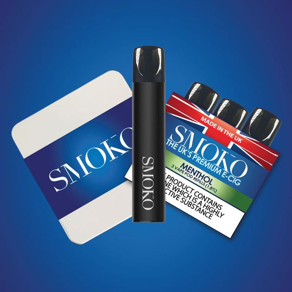 SMOKO VAPE POD STARTER KIT WITH BLACK BATTERY + PACK OF Menthol 1.8% VAPE REFILLS