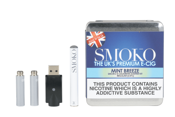 an e-cigarette starter kit comes with a rechargeable battery, 2 flavour pre filled refills and a usb charger
