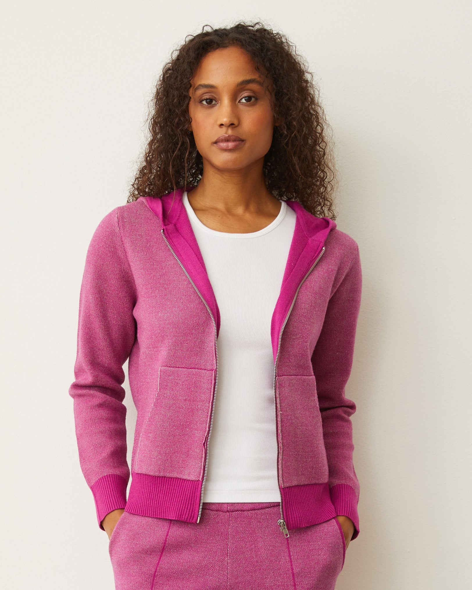 Monrow Soft Knit Two Tone Zip Up Hoody In Fuchsia