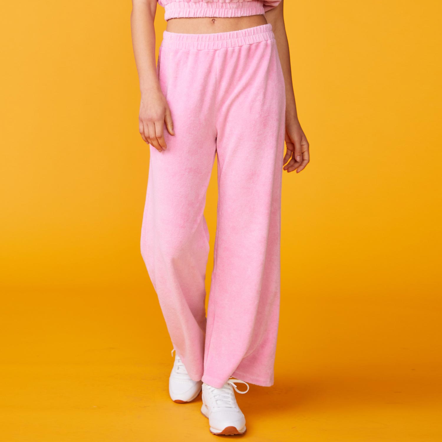 Monrow Archives Terry Cloth High Waisted Flare Sweat In Bubble Gum