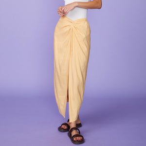 Front View of model wearing the Linen Sarong Skirt in Sand