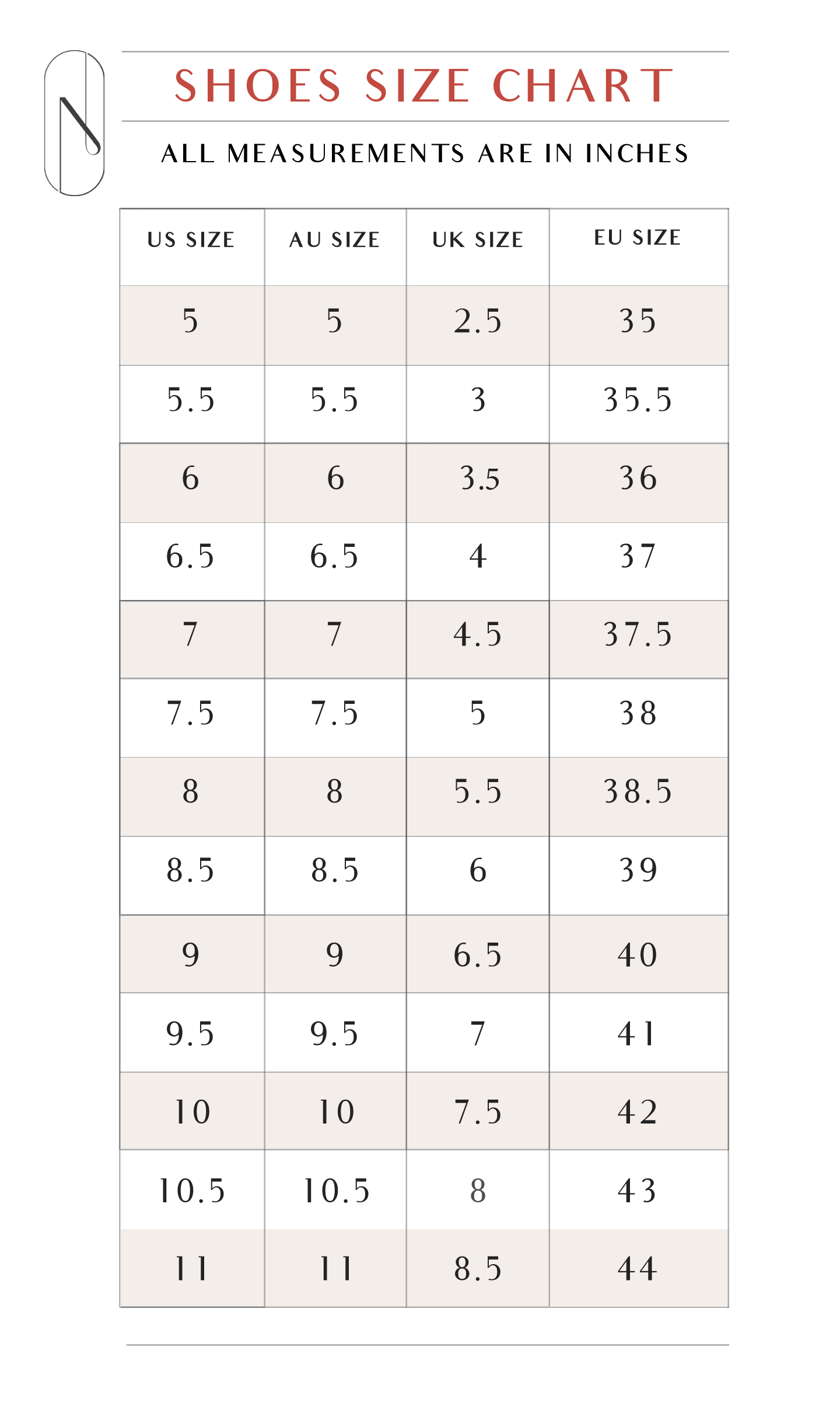 Bella Belle Shoes Size Chart