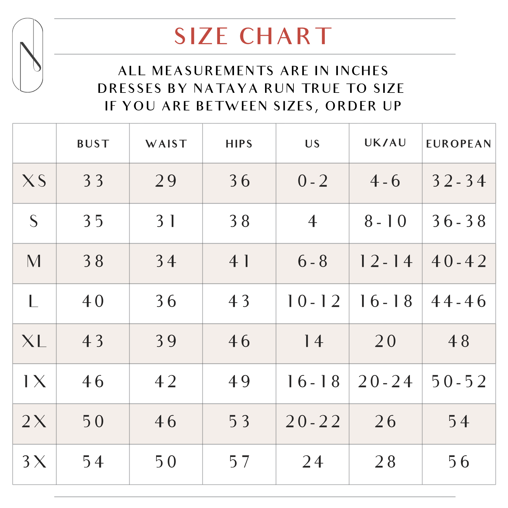 Nataya Size Chart | Size Guide