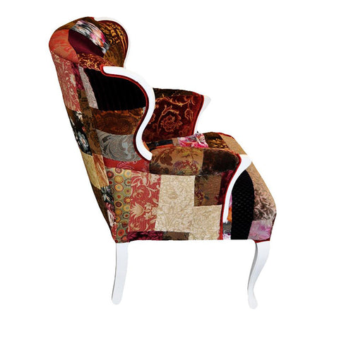 Side view of the Eclectic Berger Chair - one-of-a-kind patchwork fabric by Sara Palacios