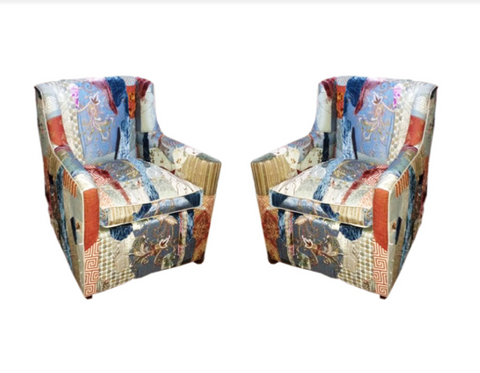 two chairs upholstered in patchwork fabric by sara palacios designs