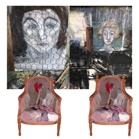 sara palacios art with hand painted with chairs upholstered in patchwork fabric