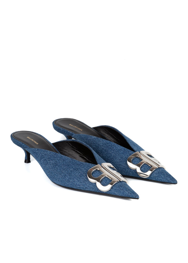 Balenciaga Womens Blue Denim BB Mules 