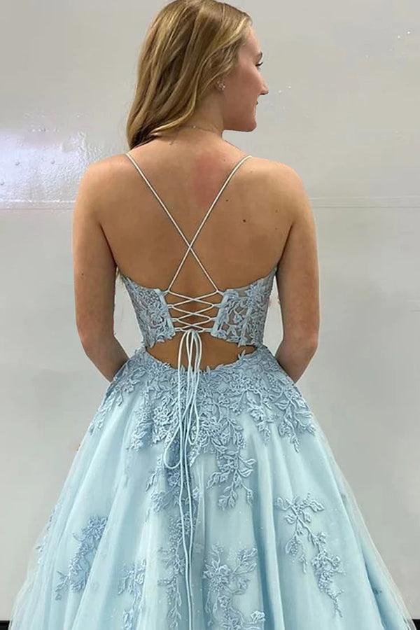 Sky Blue Trumpet Spaghetti Straps With Lace Long Prom Dresses PSK462 –  Pgmdress