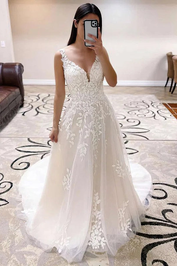 Ivory V Neck Wedding Dresses with Lace Appliques, MW512
