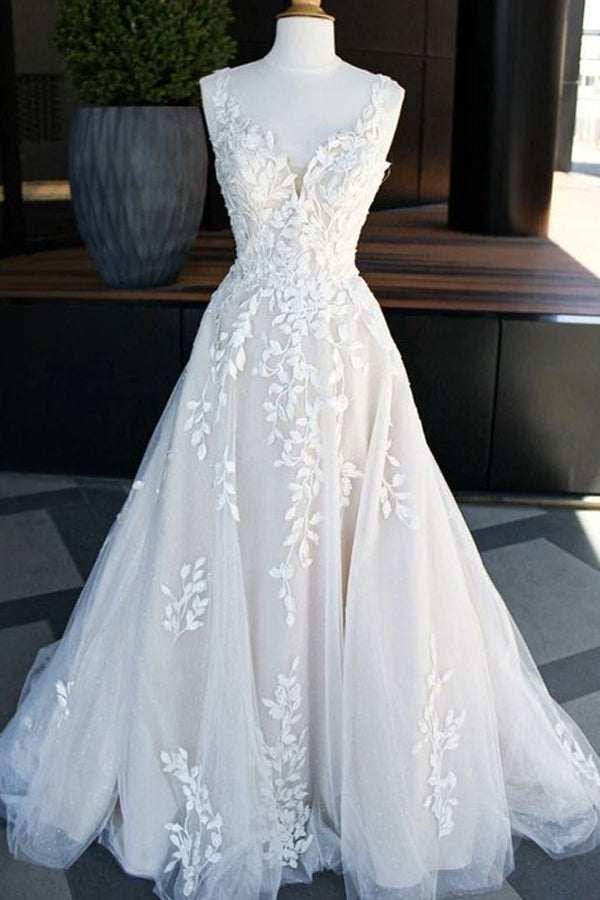 Elegant Satin A-line V-neck Sweep Train Wedding Dresses, Bridal Gown, MW621