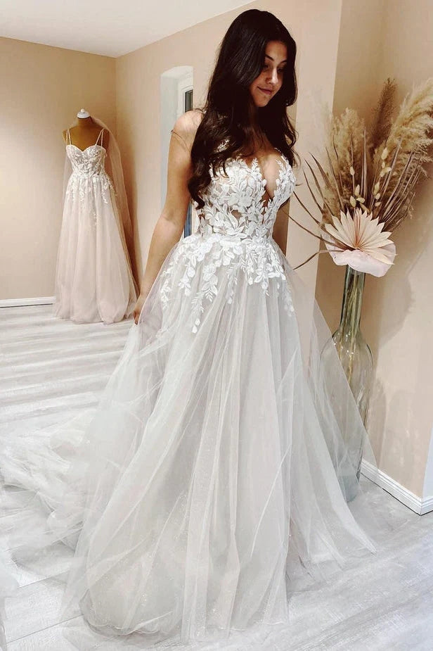 A Line V-Neck Tulle Lace Appliques Beach Wedding Dresses Bridal Gown, US14 / Custom Color