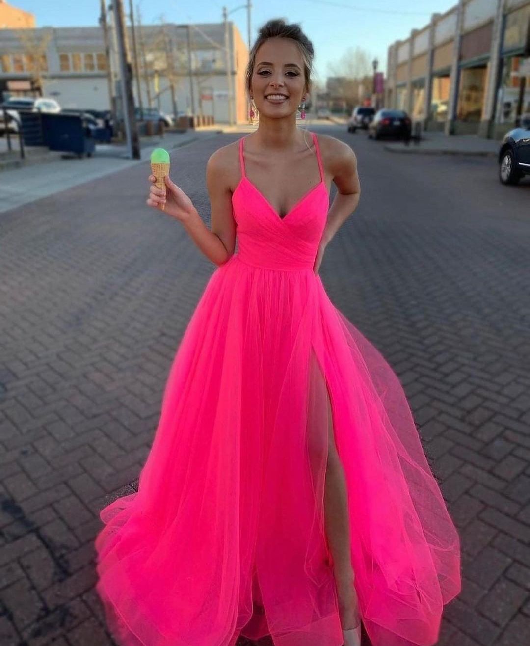 A Line V Neck Hot Pink Tulle Prom Dresses Formal Dresses PSK170