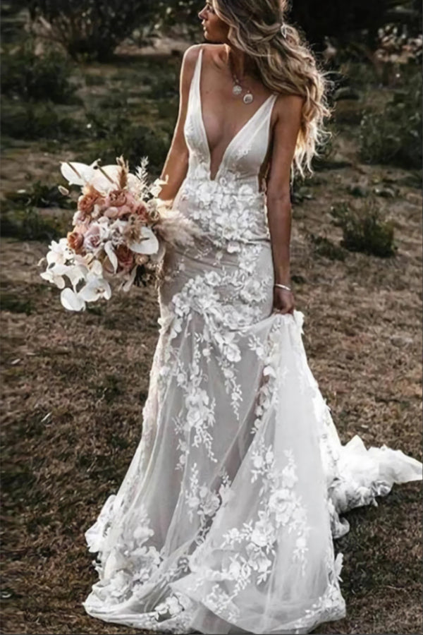 Boho Mermaid Wedding Dress Flower Appliques Deep V Neck Bridal Gown –  Pgmdress