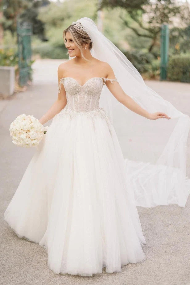 Fairy A Line Sweetheart Tulle Wedding Dresses with Beading WD678