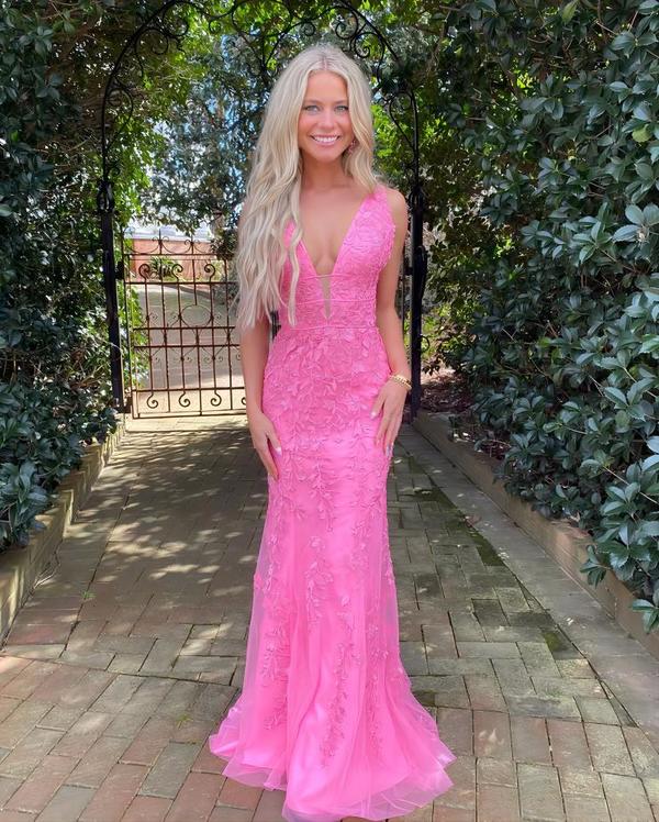 Hot Pink Mermaid Deep V-Neck Prom Dress With Appliques PSK457