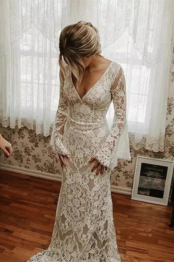 Lace Mermaid V-neck Long Sleeves Backless Bohemian Wedding Dresses WD652