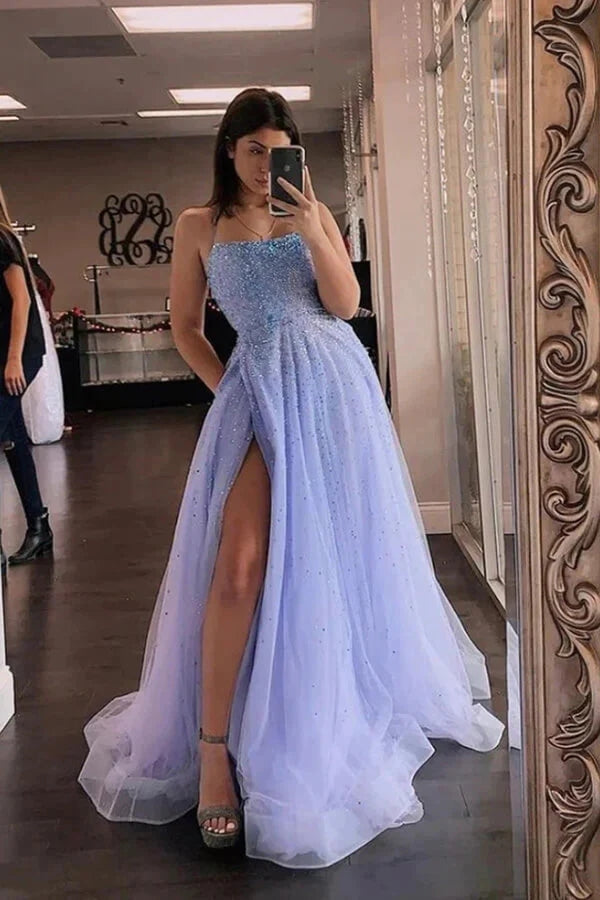 Sparkly Dark Blue Tulle Beaded Prom Dresses Spaghetti Straps Tiered Skirt  Modern Shiny Evening Gowns Party Bride Wear