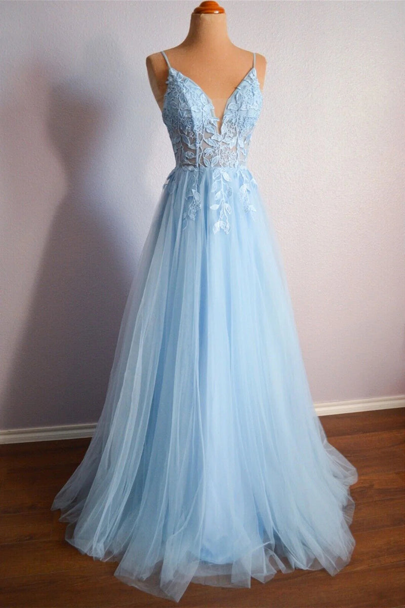 Shiny Tulle V Neck Backless Light Blue Lace Long Prom Dress, Light Blue  Lace Formal Dress, Light Blue Evening Dress A1408