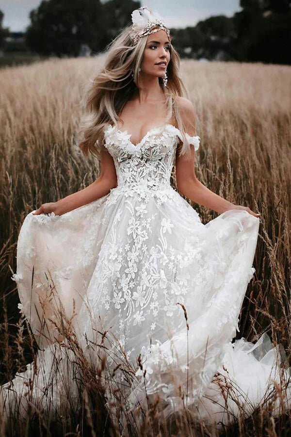 Off-the-Shoulder Lace Flowers Rustic Wedding Dresses Boho Wedding Gown –  Pgmdress