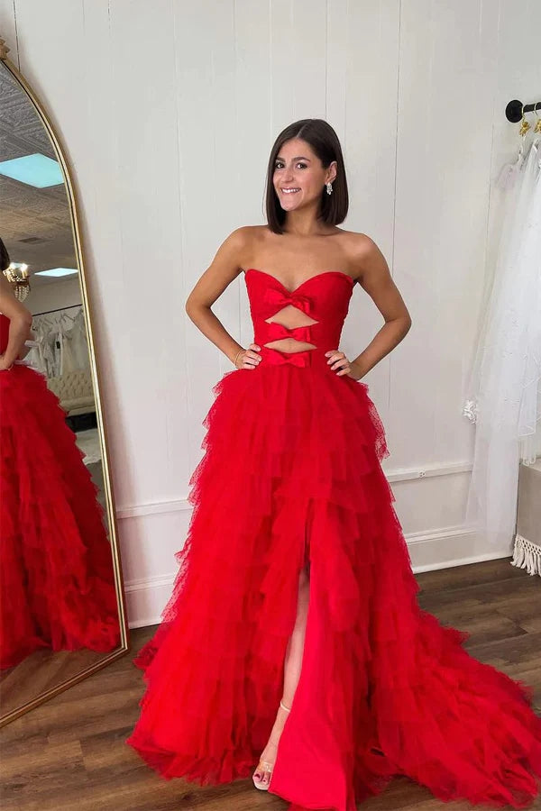 A-Line Red Sweetheart Corset Ruffle Prom Dress Formal Gown PSK493 – Pgmdress