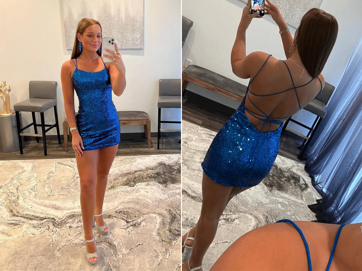 Royal Blue Sequin Bodycon Mini Homecoming Dress Short Prom Dress PD459