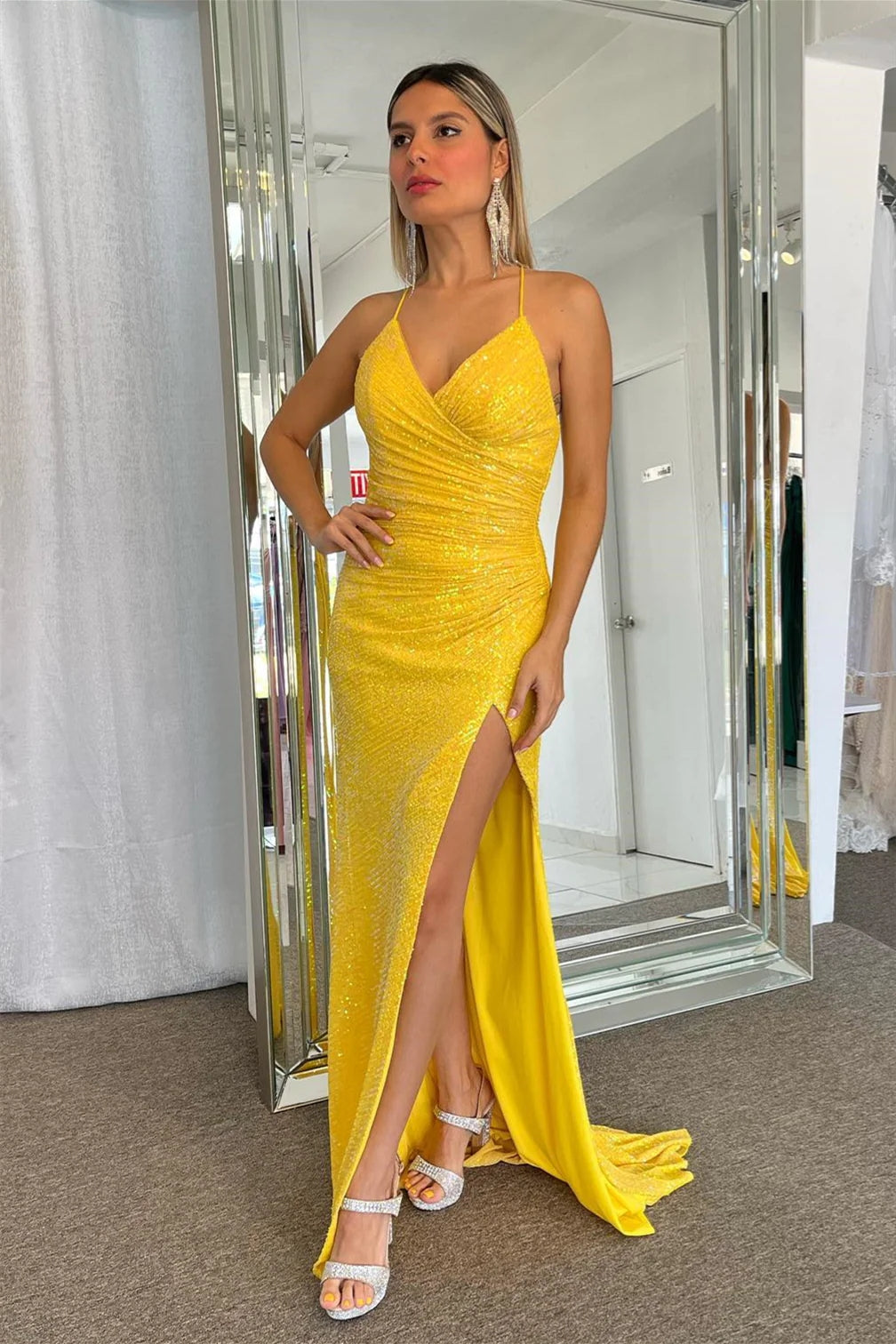 Sparkly Lace Up Mermaid Yellow Sequins Long Prom Dress with Slit PSK464