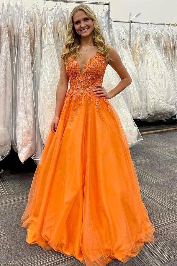 Stunning Orange A-Line V-Neck Long Tulle Appliques Prom Dress