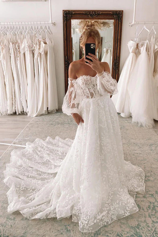 Tulle Lace Boho Wedding Dress Long Puff Lace Sleeves Button Back Vesti –  TulleLux Bridal Crowns & Accessories