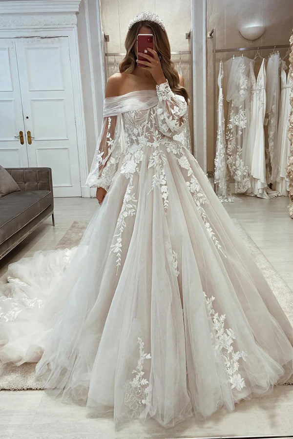 Unique Off the Shoulder Long Sleeves Princess Wedding Dress WD728-Pgmdress