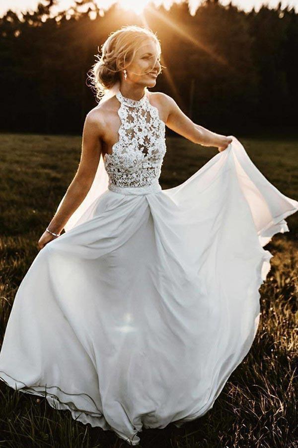 A-Line Halter Sleeveless Chiffon Long Beach Wedding Dress with Lace WD304