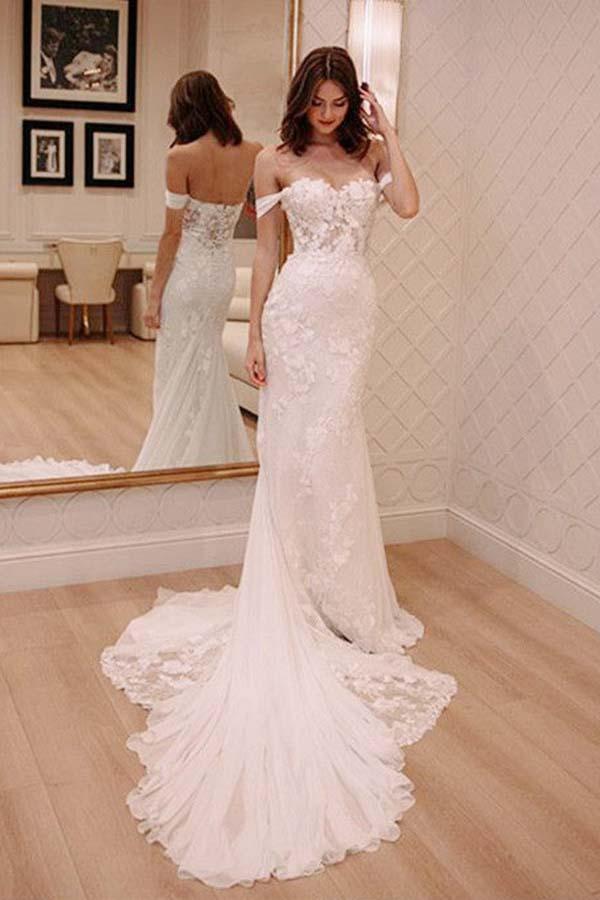 Off Shoulder Court Train Chiffon Wedding Dress with Lace Appliques WD220