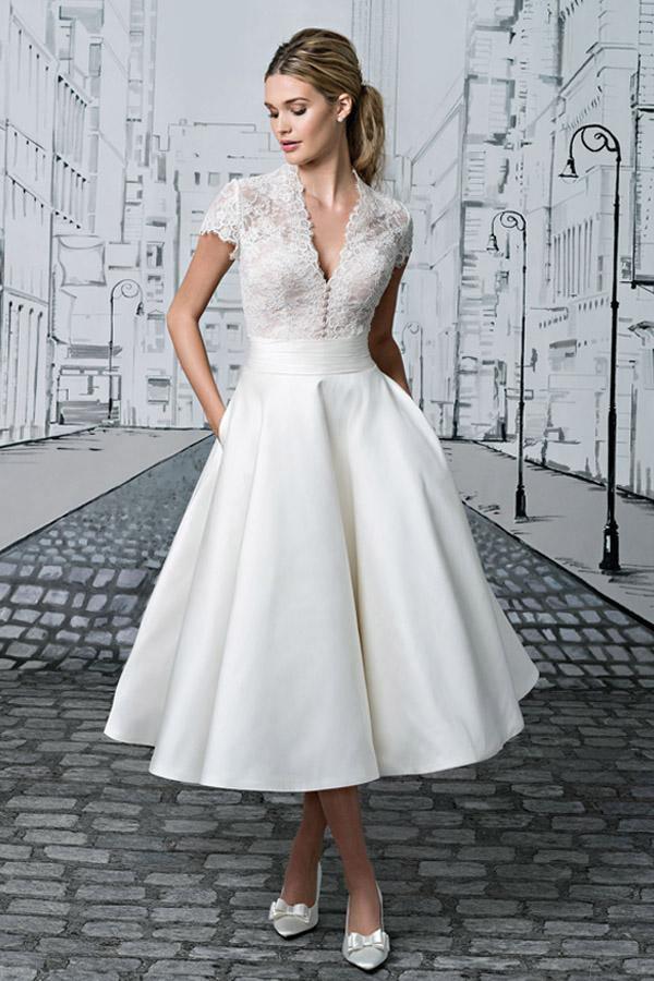 Short Wedding Dresses V-neck Lace Tea-length Ivory Simple Bridal Gown WD422