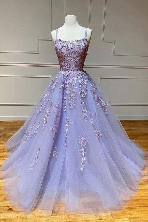 Pink Tulle Lace Long Prom Dress Scoop Spaghetti Formal Evening Gowns ...