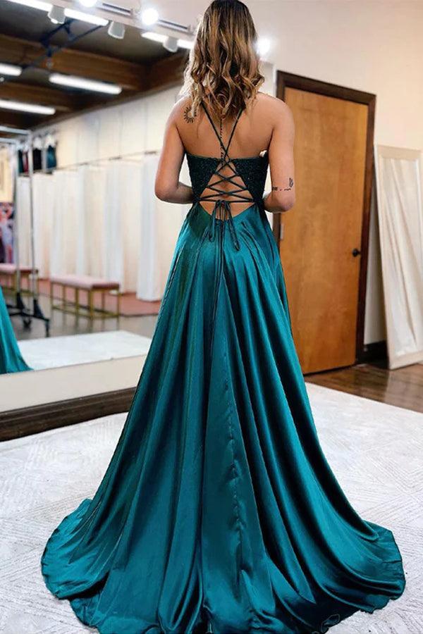 Simple Blue Satin A-line V-neck Long Prom Dresses MP785