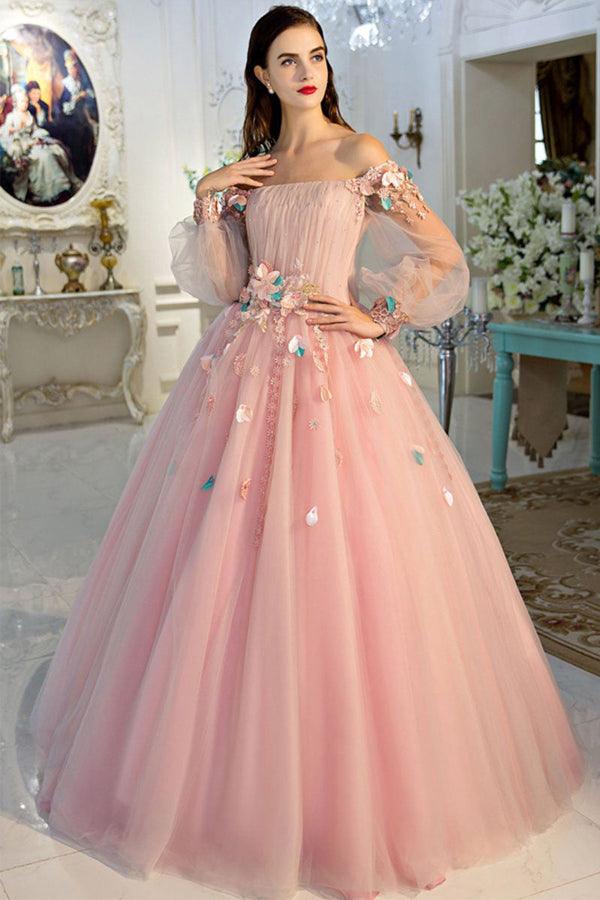 Hot Pink Puff Sleeves Off The Shoulder Simple Prom Evening Dresses