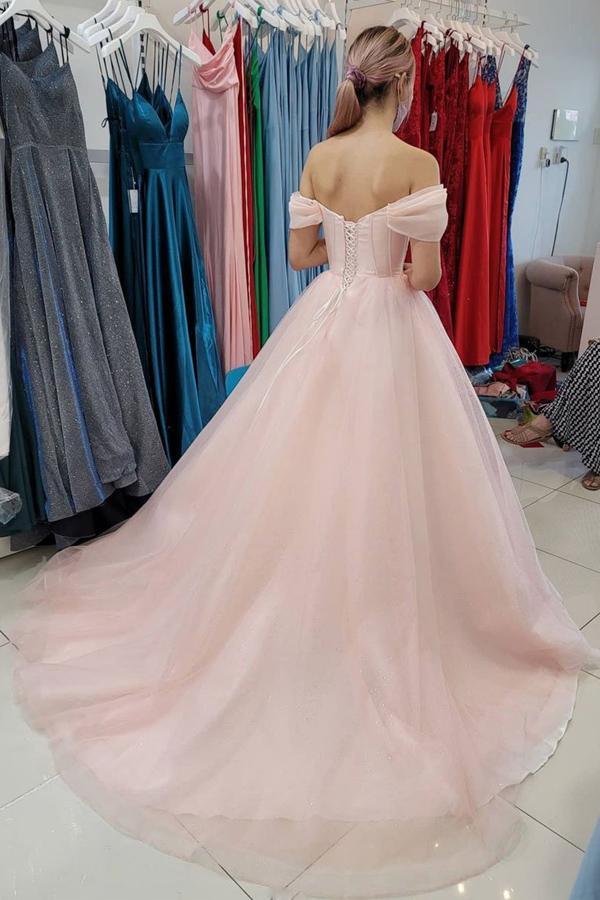 A-line Tulle Floral Lace Pink Tulle Prom Dress Split Evening Dress –  Pgmdress