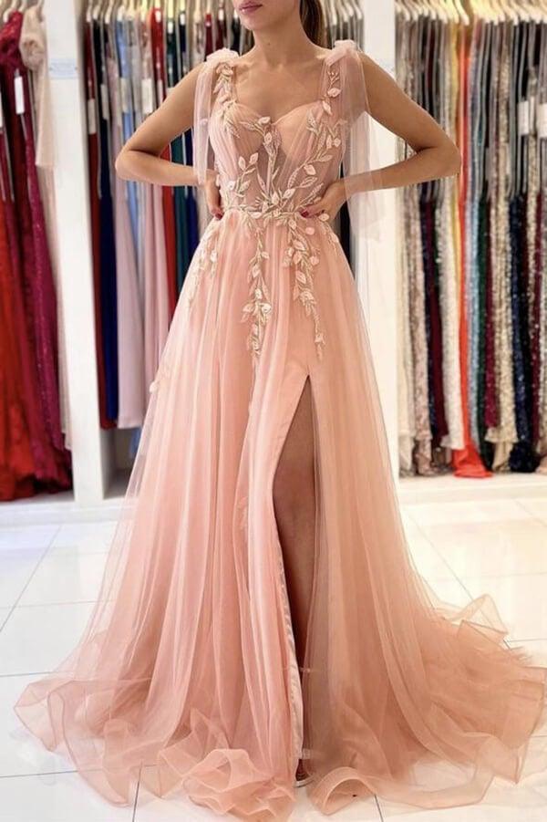 A-line Tulle Floral Lace Pink Tulle Prom Dress Split Evening Dress –  Pgmdress